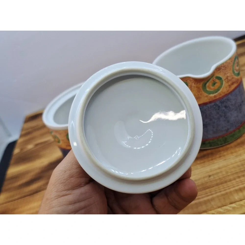 Vintage 1995 Sakura Malaga by Sue Zipkin Stoneware Creamer +‎ Sugar Bowl and Lid